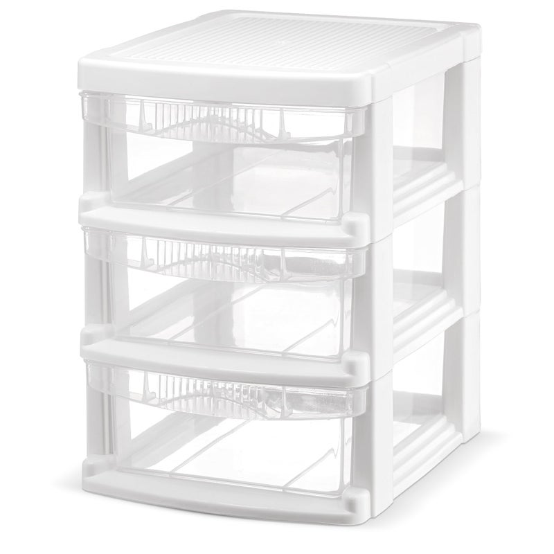 Tribello 3 Drawer Plastic Storage, Mini Drawer Unit, White Frame With Clear Drawers for Craft Storage - 8.5"L X 7"W X10"H Inches - (1 Pack) - Image 1